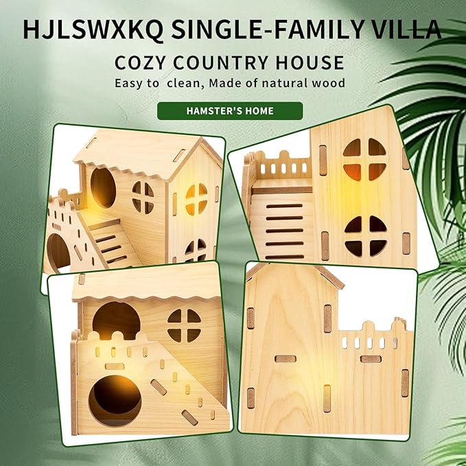 Natural Wood Hamster Habitat Hideout Cage Accessories, Maze Cabin with Fun Slide & Double-Decker House, Exercise Toys for Dwarf Hamsters, Gerbils, Mice, Other Small Animals(Only for Small Hamster E)