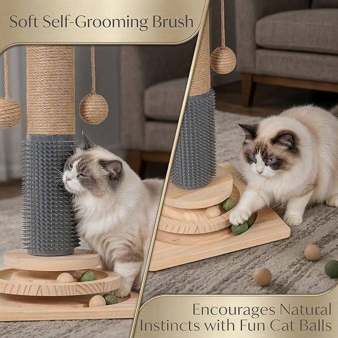 4-in-1 Solid Wood Cat Scratching Post with Self-Groomer, Natural Sisal Scratching Post with 2-Level Track Ball Toy, Interactive Cat Tree & Furniture Protector for Indoor Cats Medium Size