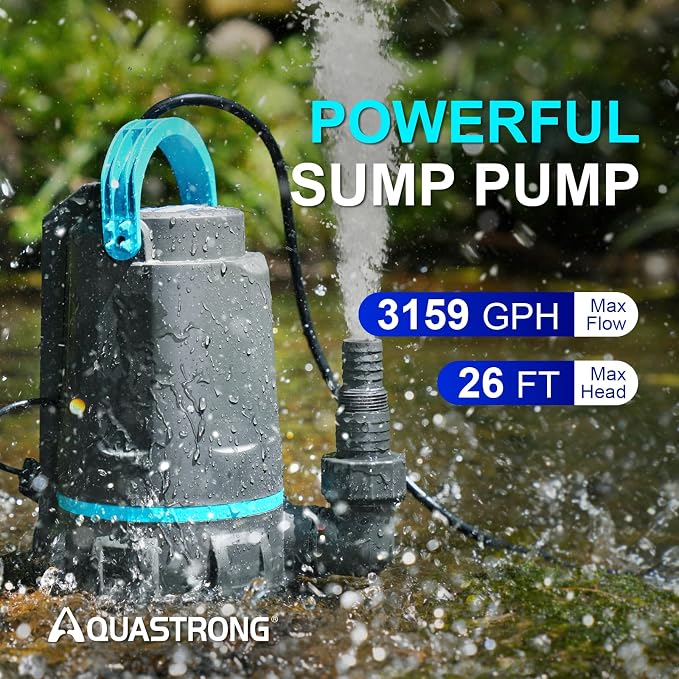 Aquastrong 1/2 HP Automatic Sump Pump 3159 GPH Submersible Water Pump | Thermoplastic Utility Pump High Flow Water Removal for Swimming Pool Garden Pond Basement Wells with 10ft Long Power Cord