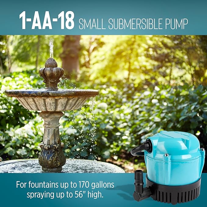 Little Giant 1-AA-18 115 Volt, 1/200 HP, 170 GPH Small Submersible Permanently Oiled Pump for Fountains, Water Displays and Air Conditioners, 18-Foot Cord, Blue, 500500