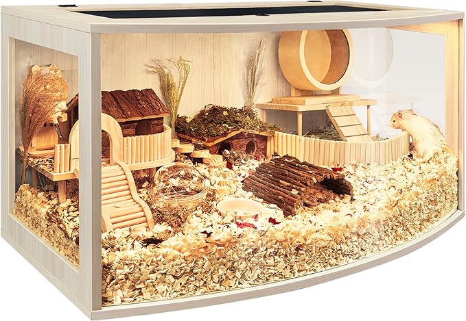 Prolee Hamster Cage Chew Proof Wood, Hamsters Enclosure Openable Top with Curved Design,Waterproof Small Animals Cage with Acrylic Sheets for Gerbils,Hamster Habitat(24 Inches)