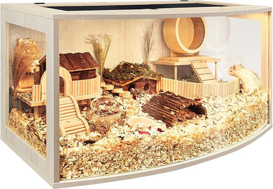 Prolee Hamster Cage Chew Proof Wood, Hamsters Enclosure Openable Top with Curved Design,Waterproof Small Animals Cage with Acrylic Sheets for Gerbils,Hamster Habitat(24 Inches)