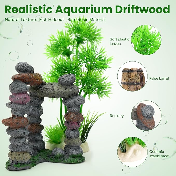 Fish Tank Decorations Artificial Small Resin Hideout Cave Plants | Resin hideout cave for fish tank decor, 6pcs aquarium decoration with lifelike plants, reduce stress for small tropical fish