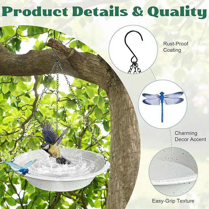 Hanging Bird Bath for Outdoor,Gray Speckled Granite Look Metal Bird Feeder Birdbath Bowl with 17” Rust-Proof Black Chains for Garden Backyard Decor