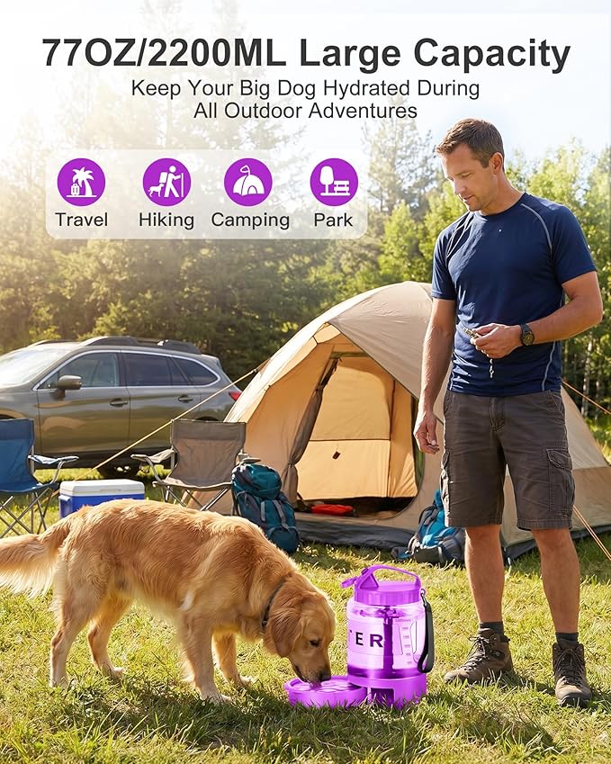 77oz Dog Water Dispenser, 2.2L Large Portable Dog Water Bottle with Pull-Out Drinking Bowl, BPA Free Leak-Proof Pet Travel Water Container for Camping, Hiking, Beach, Car Travel Essentials- Purple