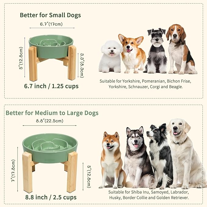Elevated Slow Feeder Dog Bowl Large Breed, 8.8 Inch Ceramic Slow Eating Bowl with Bamboo Stand, Anti-Choking Raised Maze Design for Medium to Large Dogs, 3.2 Cup, Green