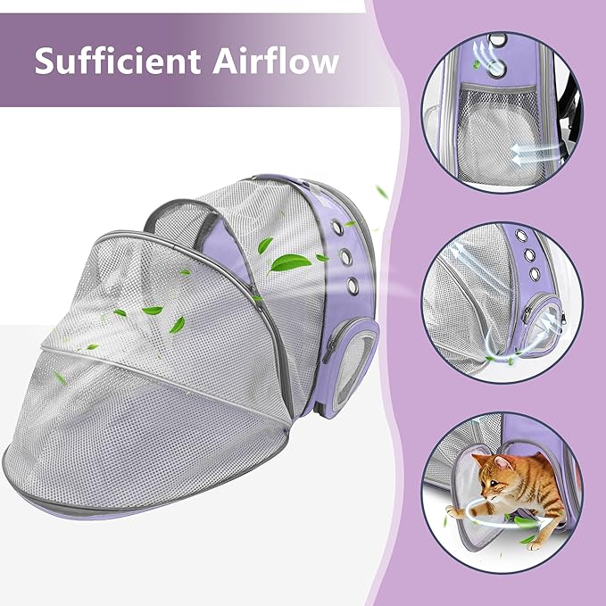 Expandable Cat Backpack Carrier, Breathable Clear Bubble Window Pet Carrier for Small Dogs and Cats up to 12 lbs, Airline Approved Travel Bag for Hiking and Outdoor Use (Back Expandable-Purple)