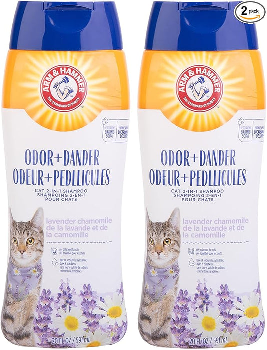 Arm & Hammer 2-in-1 Deodorizing & Dander Reducing Shampoo for Cats, Baking Soda Cat Shampoo for Dander, Odor Control and Coat Cleaning, Lavender Chamomile Scent, 20 Fl Oz - 2 Pack