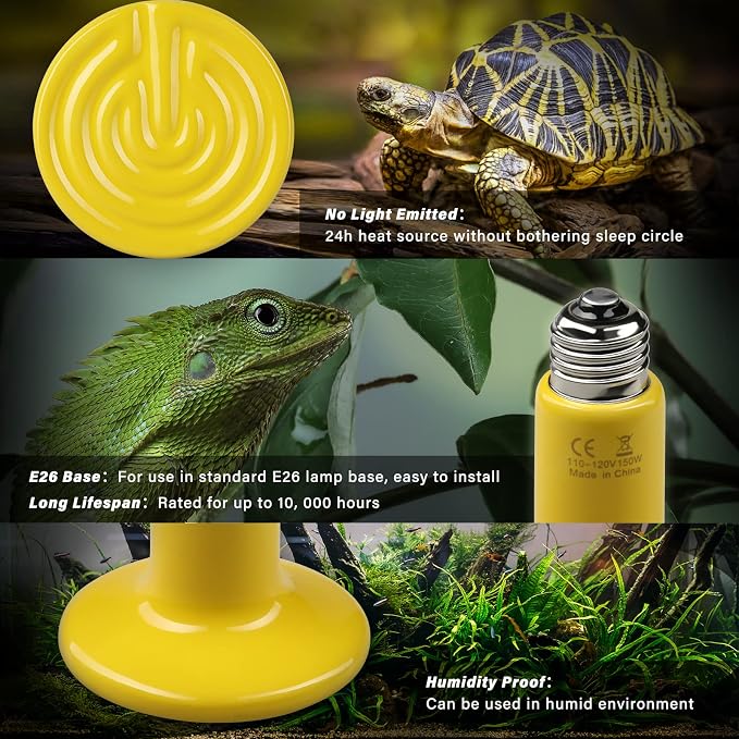 Simple Deluxe Reptile Heat Lamp 150W 2-Pack Ceramic Heat Emitter Heating Bulb No Light, Brooder Coop Heater for Terrarium Amphibian Pet Snake Turtle, Incubating Chicken, Color Version, Yellow