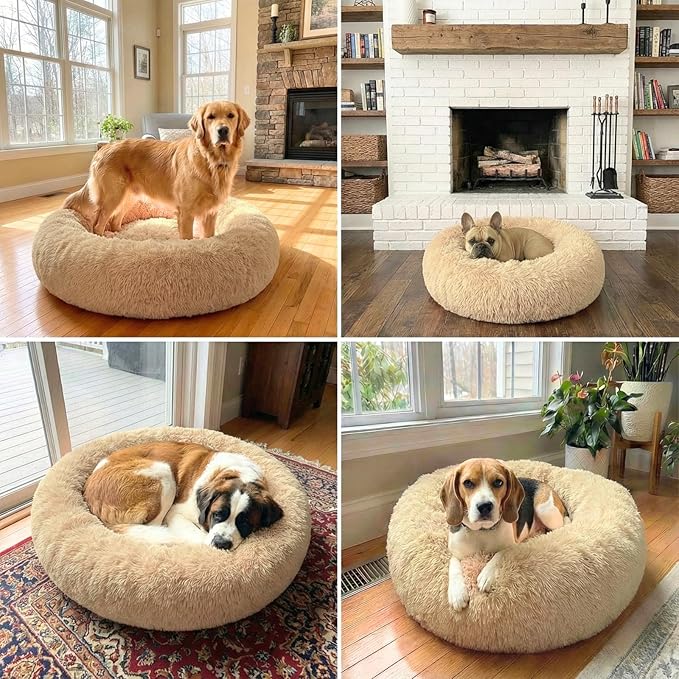 Calming Pet Bed with Water-Resistant Inner Liner – Anti-Anxiety Donut Dog & Cat Bed with Removable Washable Cover – Supportive Plush Nest, Non-Slip & Cushion Protection – Medium, Beige
