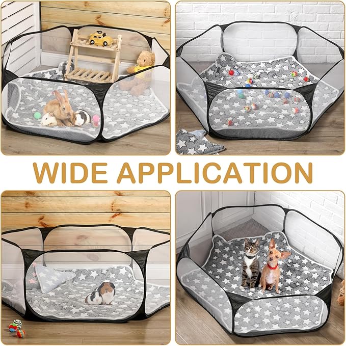 VitalCozy Hamster Playpen with Mat Small Animal Cage Tent Breathable Transparent Guinea Pig Playpen Waterproof Portable Yard Fence Mat Foldable Exercise Playpen Outdoor Indoor (Black,Star)