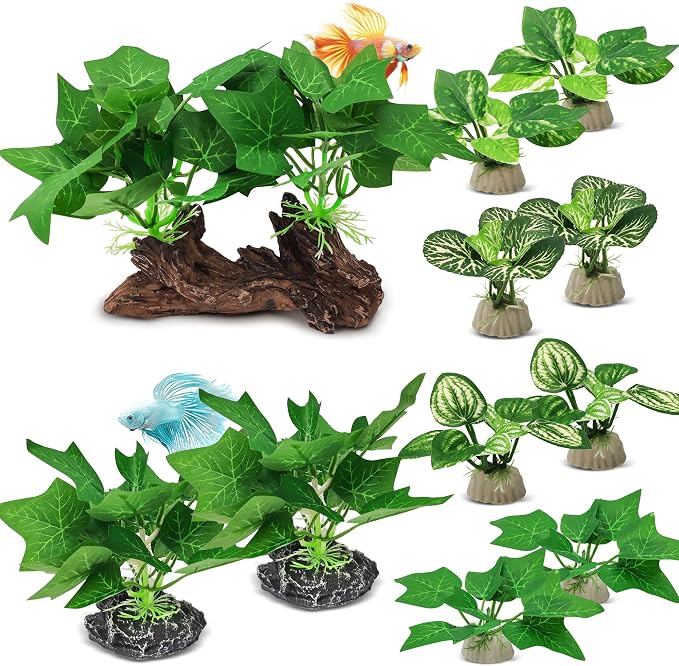GOZILLA Silk Fish Tank Plants,Reptile Artificial Plant,Reptile Plants for Terrarium,Aquarium Decorations Accessories Set,Resin Driftwood Artificial Silk Aquarium Plant for Fish Tank.(11PCS/C-Set)