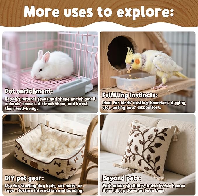 Sukh Natural Kapok Hamster Bedding - Natural Kapok Pet Bedding Dog Bed Stuffing Filling Stuff Animal Pack Pet Supplies for Cat Guinea Pig Chicken Bunny Duck Nesting Boxes Soft Warm Dust-Free 3.5OZ