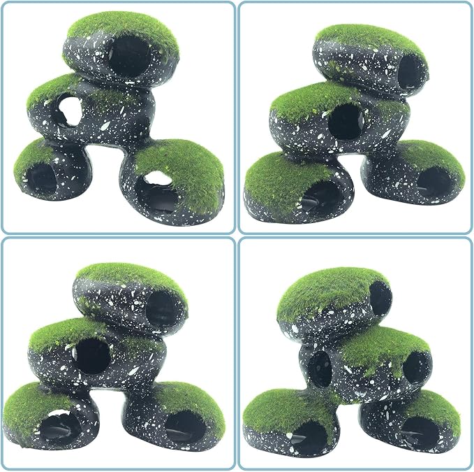 PINVNBY Stone Aquarium Hideaway Decoration Resin Cichlids Rock Decor with Artificial Moss Betta Cave Hideout Shelter Tunnel Fish Tank Ornament for Shrimp,Short Bream and Crayfish(L)