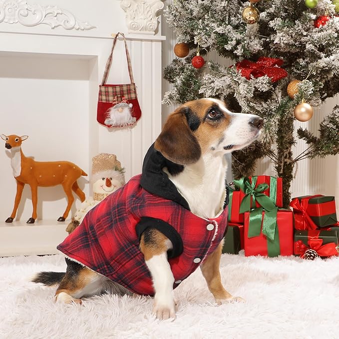 Vecomfy Fleece Lining Dog Hoodie for Small Dogs Extra Warm Plaid Sweater with Drawstring Hooded Coats in Winter Puppy Jacket,Red M
