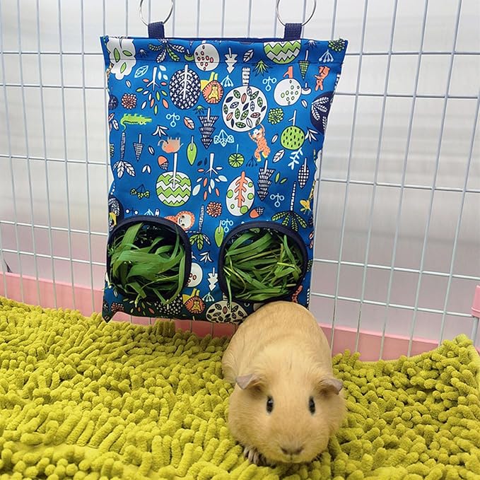 Rabbit Hay Feeder Bag, Guinea Pig Hay Feeder for Cage Small Animal Hanging Feeding Bags Rabbit Hay Dispenser Storage for Rabbits Guinea Pigs Bunnies Chinchillas (Red,Dark Blue, 2 Hole)