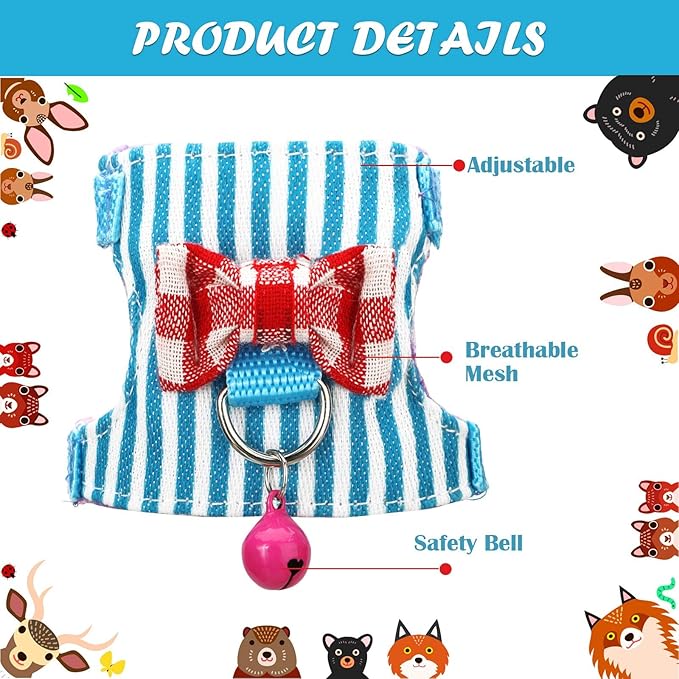 SATINIOR 2 Pieces Small Hamster Harness and Leash Set, Ferret Guinea Pig Clothes with Bowknot and Bell Decor, No Pulling Comfort Padded Vest Striped for Rats Bunny Rabbit Small Animals(S,Blue, Pink)