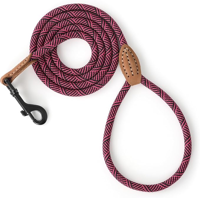 Mile High Life Small Dog Leash, Thin Rope Leash with Genuine Leather Connection and Heavy Duty Metal Clasp, Great for Small Medium Dogs(Pink,72 Inch-1/3)