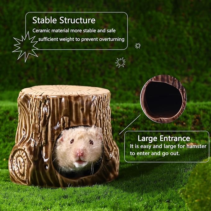 Ceramic Hamster Hideout,Stump Shape Dwarf Hamster House, Natural Guinea Pig Habitat Decor, Hideaway House for Gerbil, Cool Bed for All Season(Brown)