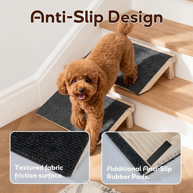 Dog Ramp for Stairs 4 Pack - Adjustable Wooden Stair Wedges for Small Dogs, Foldable Indoor Dog Stair Ramp and Non-Slip Pads for Senior and Short-Legged Pets