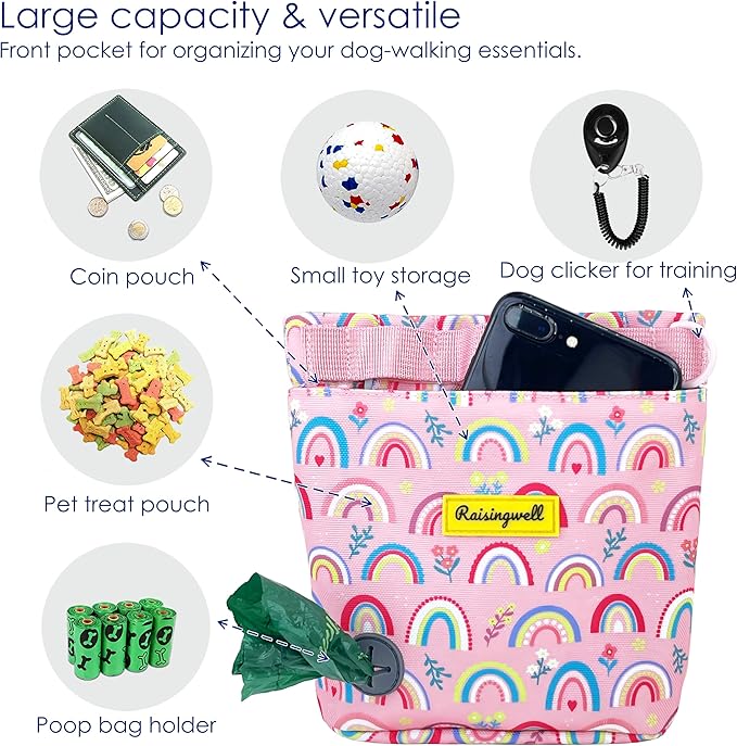 Raisingwell Dog Treat Pouch for Pet Walking and Training with Clicker 2 Cup Silicone Bag Small Fanny Pack Holder for Puppy Snack Dispenser Kit for Leash and Outdoor Use (Rainbow)