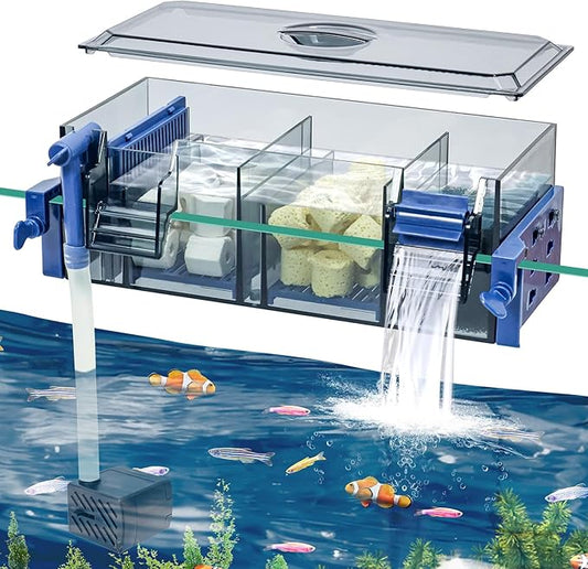 Multi Layer Aquarium Fish Tank Filter with Waterfall Oxygenation Suitable for 5-50 Gallon Fish Tanks, Flexible Mounting, Dust & Splash Protection