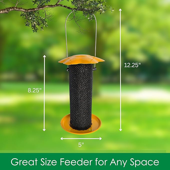 Songbird Essentials Gold Finch Feeder for Outdoor Hanging - Petite Nyjer Thistle Seed Feeder - All Metal - for Finches and Buntings for Outdoor Garden - Bright Yellow