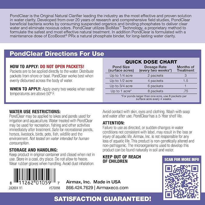 Airmax PondClear Packets Beneficial Bacteria Pond Clarifier, 12-Count | Enzyme Clarifier with EcoBoost PRx to help clear and clean pond and lake water while remaining safe for fish