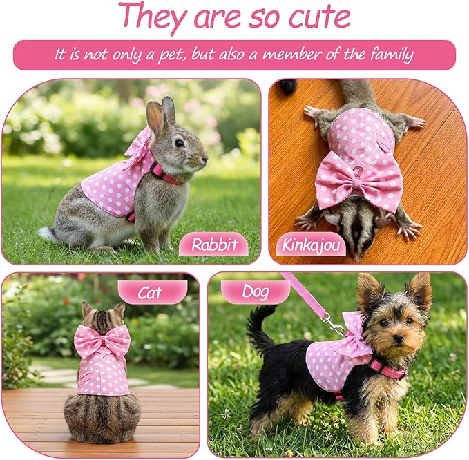 Bunny Harness and Leash Set, Escape Proof, Soft Breathable Mesh Rabbit Leash Vest with Safety Buckles, Pink Wave Point Breathable Bunny Clothes, Outfits for Outdoor Training Camping, Pink, S