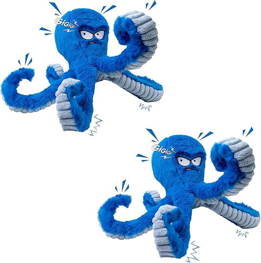 LEGEND SANDY Tough Dog Toys, Stuffed Chew Large Dog Toys to Keep Them Busy, Interactive Squeaky Tug of War Doggie Toy, Crinkle Blue Octopus (Blue Octopus 2p)
