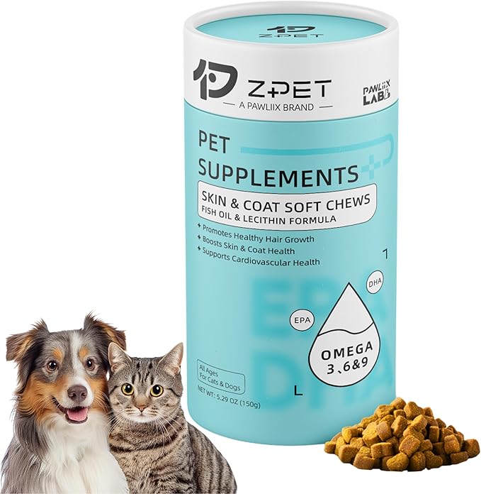 ZPET Skin & Coat Soft Chews for Dogs & Cats – Omega-3 Fish Oil & Lecithin Supplement, Supports Healthy Skin, Shiny Coat & Shedding Control, 150g