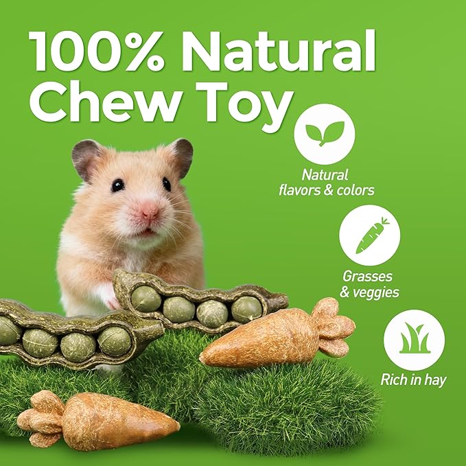 TEEWY 4PCS Guinea Pig Toys, Prevent Teeth Overgrowth, Natural Vegetables and Timothy Grass, Hamster Chew Toys, Chinchilla Toy, Peapod and Carrot Chew Toy Set