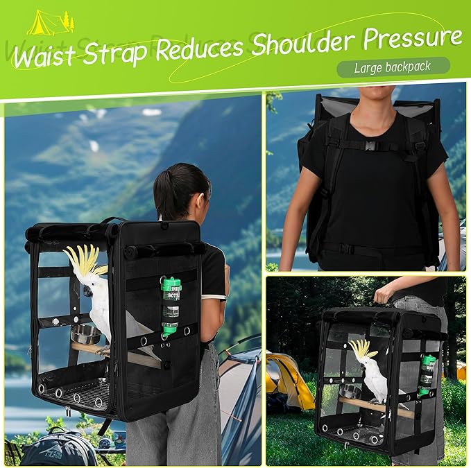 Bird Carrier Travel Cage, Cockatoo Carrier, Parrot Travel Backpack with Unbreakable Stainless Steel Mesh, Perch, Water Bottle and Food Bowl, X-Large Black