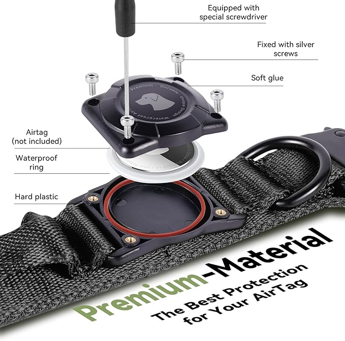 2026 Upgrade Waterproof AirTag Dog Collar, Military Tactical Dog Collar with AirTag Holder, Comfortable Control Handle and Metal Buckle, GPS Dog Collar Holder for Medium to Large Dogs (Black, L)
