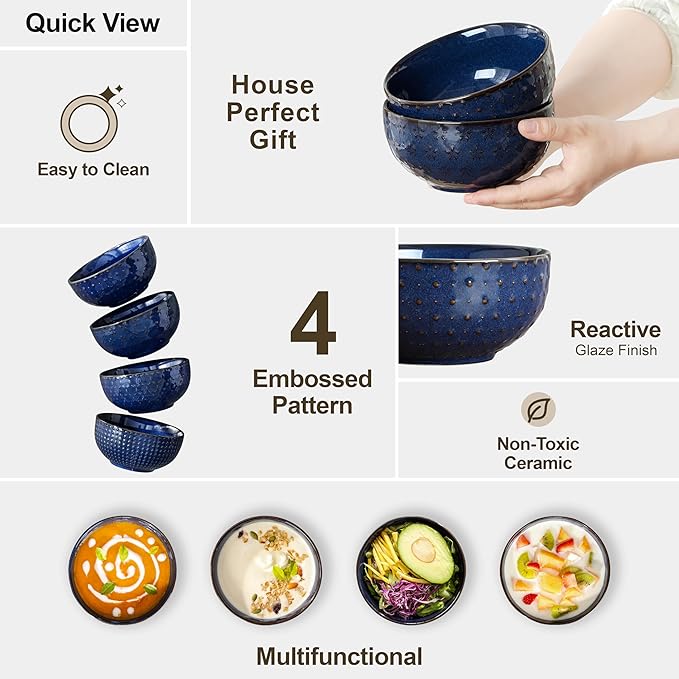 MALACASA Cereal Bowls, 30 Ounce Ceramic Blue Soup Bowl for Kitchen, Stoneware Bowls Set of 4 with Embossment for Pho, Chip, Fruits, Salad, Noodle, Ramen - 6 Inch, Series LYDIA