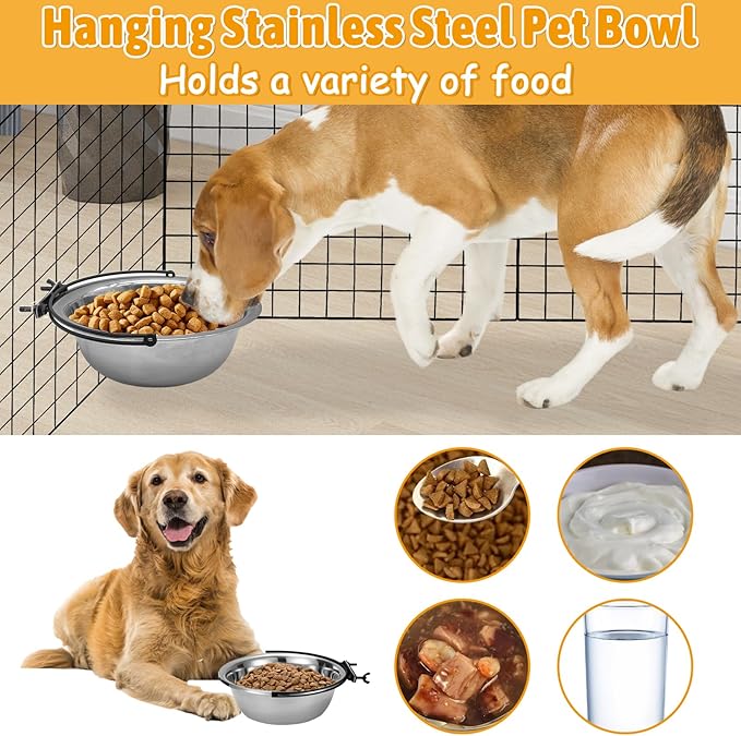 kathson Dog Kennel Bowls for Crates, 3 Pcs Stainless Steel Pet Food Water Bowls with Clamp Holder Hanging Metal Puppy Feeding Dish Cage Coop Cup for Cat Rabbit Ferret Bird (8.5 * 2.7in)