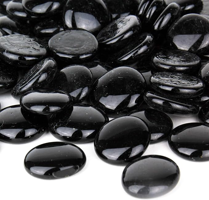 CYS EXCEL X-Large 1.1"-1.35" Black Glass Flat Gemstone Vase Fillers (1 LB) Multiple Color Choices Marble Beads Aquarium Rocks Floral Supplies Stones Decorative Mosaic Gem Pebbles (Approx. 28-35 PCS)