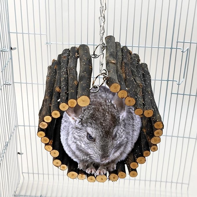 BNOSDM Chinchilla Hanging Tunnel Toy with Adjustable Metal Chain,Natural Fruitwood Small Animal Tubes & Tunnels Toys, Rat Cage Accessories for Ferret, Squirrel, Guinea Pig (Size M)