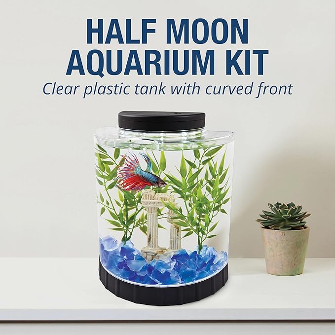 Tetra LED Half Moon Aquarium Kit, 1.1 Gallons, Small, Clear Plastic Fish Tank With Curved Front, Easy Feeding And Movable, Energy-Efficient LEDs Ideal For Bettas Great As Desk Aquarium