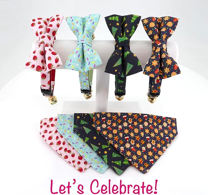 Ultra Joys Breakaway Cat Collar with Bells - Boy & Girl Kitten Collar with Bandana and Bowtie - Christmas Tree Large