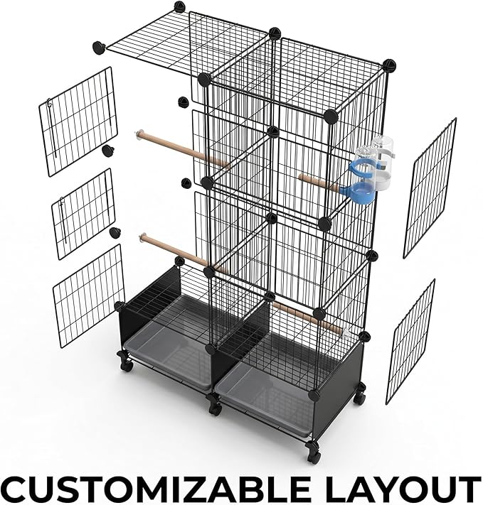 Large Bird Cage with Rolling Stand, 46x24x12 Inch Flight Cage for Parakeets, Cockatiels, Conures, Metal Wire Cage with Wooden Perches, Feeders, Wheels, Black