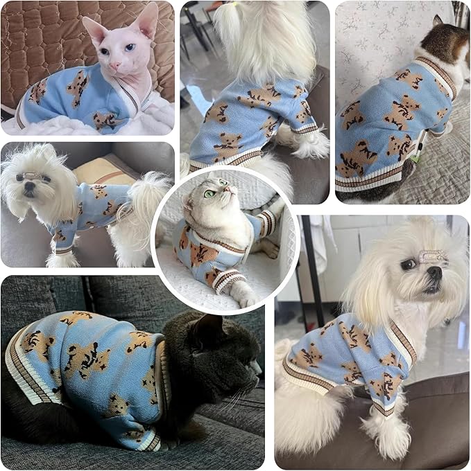 ABRRLO Small Dog Sweaters Cute Bear Dog Cardigans Clothes for Small Medium Dogs Boy Girl Puppy Cat Knitting Cardigan Outfits Dogs Winter Coats Warm Pet Doggy Clothes Soft Knitwear Apparel (Blue,XL)