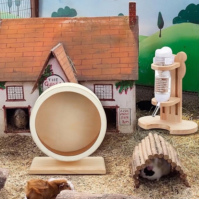 2 Pcs S, 7.9 Inch Wooden Hamster Wheel Silent Exercise Wheel with Water Bottle Stand Stable Running for Dwarf Hamster Gerbil Mouse Small Animal Cage Accessories