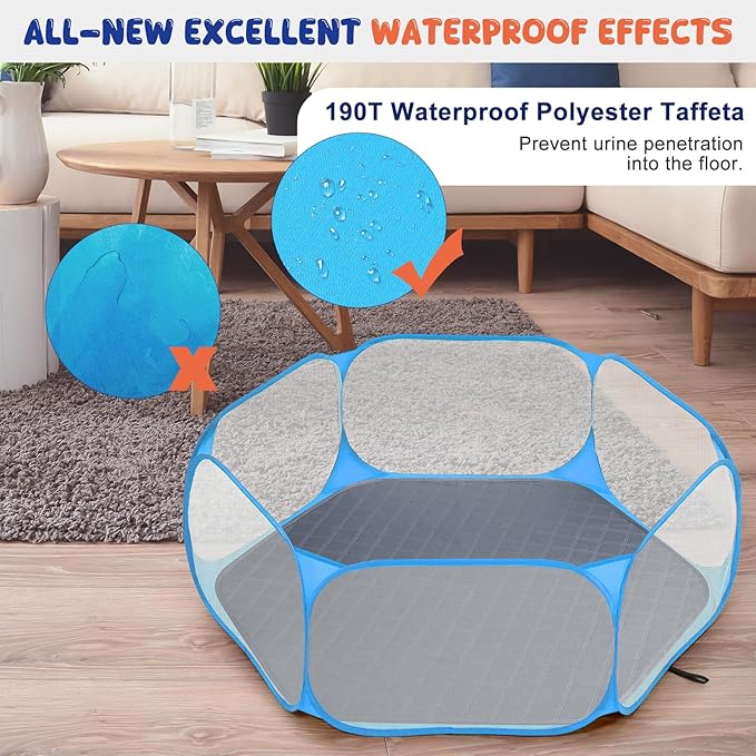 Pawaboo Small Animals Playpen with Pad, Waterproof Small Pet Cage Tent with Reusable Pad, Portable Outdoor Yard Fence for Chick/Kitten/Puppy/Guinea Pig/Rabbits/Chinchillas, Blue+Gray