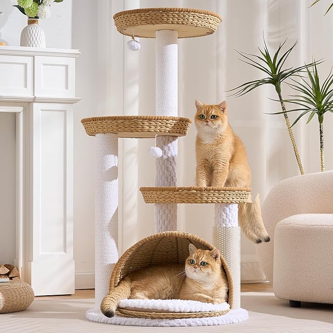 HITTITE Modern Cat Tree Tower with Scratching Post, 46 Inches Tall Cat Towers with Woven Cat Nests and Cave, Multi-Level Cat Tree With Removable Cushions and Massage Brush for Indoor Cats Large Adult.