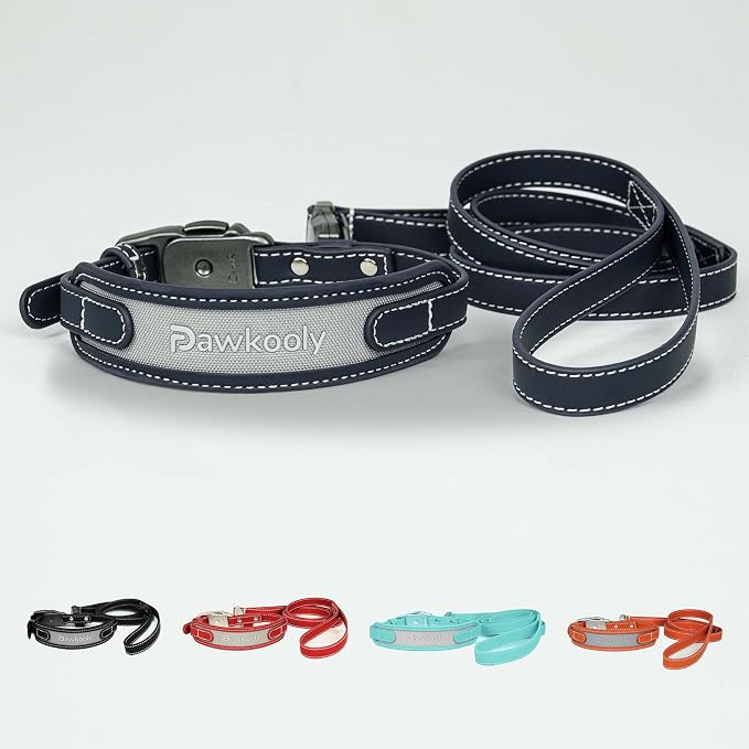 MagEase Dog Collar with 4FT Leash | Adjustable | Anti-Wrinkle, Bite & Stain-Resistant Leather | Soft & Skin-Friendly | 450LB Escape-Proof Magnetic Buckle (Navy Blue, Extra Large)