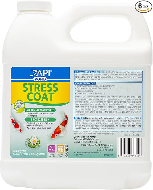 API POND STRESS COAT (64 fl oz) Pond Water Conditioner - Quickly Makes Tap Water Safe for Fish & Plants - Up to 7680 Gallons - Removes Chlorine, Ammonia & More - Natural Aloe Vera