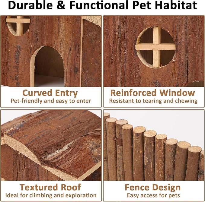 Hamster Hideout Wooden Hamster House and Natural Wood Rat Hut Hamster Bridge for Dwarf Hamster Mice Playing Hiding