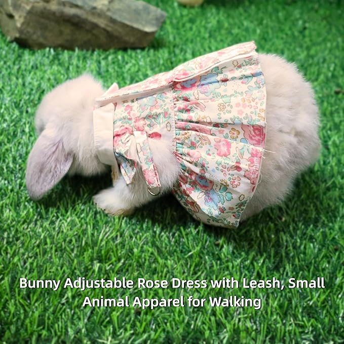 SMOLKITH Rabbit Clothes - Bunny Adjustable Rose Dress with Leash, Small Animal Apparel for Walking - Fits Meerkats, Chinchillas, Guinea Pigs, Prairie Dogs and More