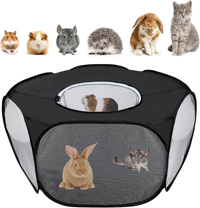 Rypet Collapsible Small Animal Cage Tent, Breathable Fabric Guinea Pig Playpen with Cover, Transparent Hamster Playpen Portable Pet Yard Exercise Fence for Reptile Rabbit Chinchilla Hedgehog(Black)